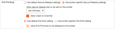 Pull Printing section showing the User printer-specific settings option enabled, and secure release drop-down set to the Yes (Prompt) option. 